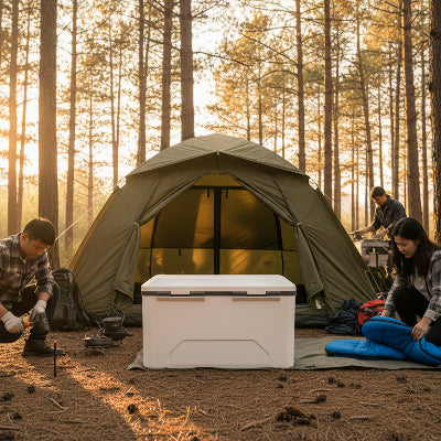 Glacière à l'entrée de la tente avec couple affairant à leur installation 