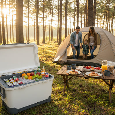 Glacière remplis avec couple sortant de la tente pour aller manger