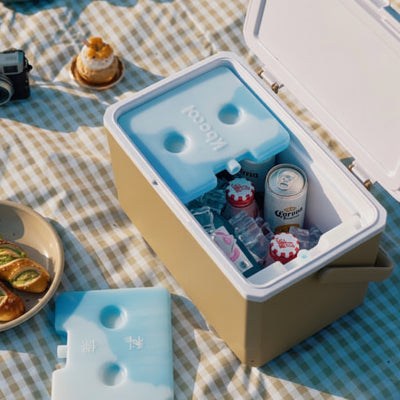 Glaciere sur tapis de sol ouverte  avec boisson rafraichissante