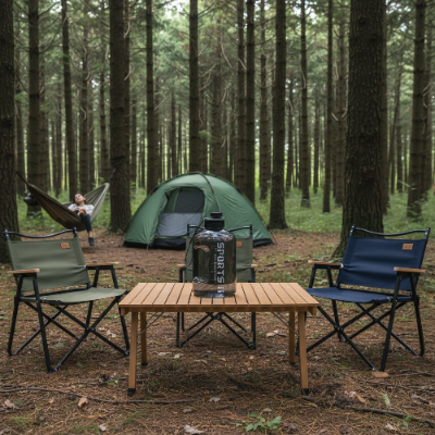 Gourde de plastique 2,7 litre sur table de camping