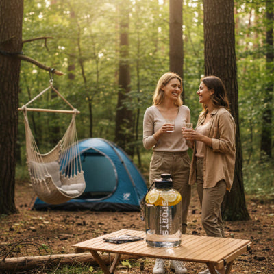 Gourde de plastique 2,7L sur table de camping avec femme discutant