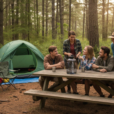 Gourde de plastique sur table de camping suscitant discussion entre amis