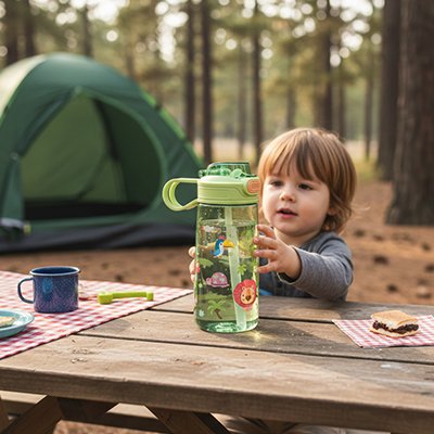 Gourde enfant sur table de camping avec enfant