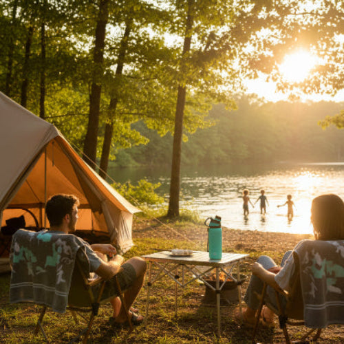 Gourde isotherme 1L vert avec famille dans un camping près du lac