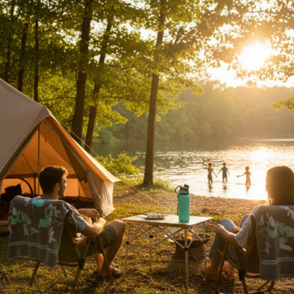 Gourde isotherme 1L vert avec famille dans un camping près du lac