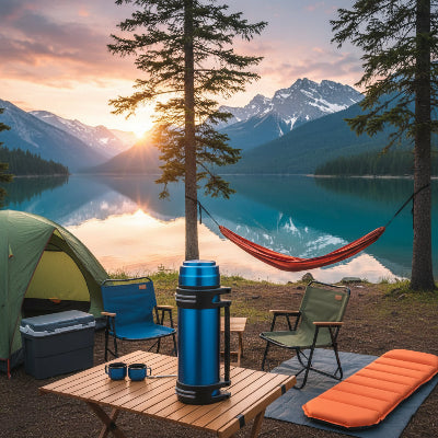 Gourde isotherme 2L bleu sur table de camping près d'un lac
