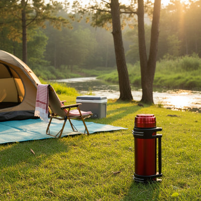 Gourde isotherme 2L rouge sur gazon dans un campement