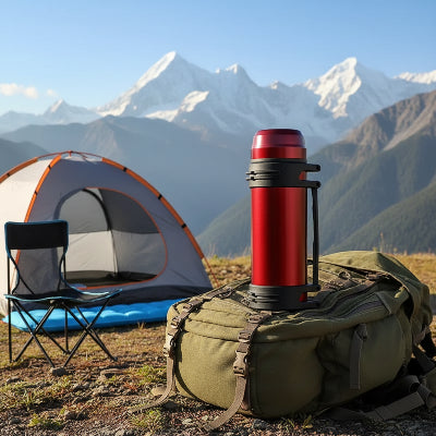 Gourde isotherme 3L rouge sur sac à dos dans un campement montagneux