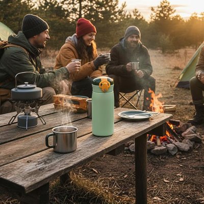 gourde isotherme EcoTemp sur table de camping