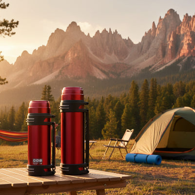 Gourde isotherme rouge 2 litre et 3 litre dans un camping montagneux