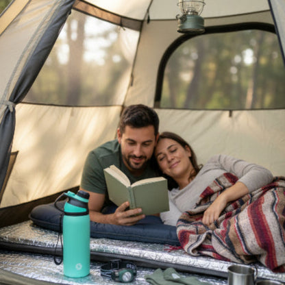 Gourde isotherme vert avec couple sur tapis de sol dans une tente