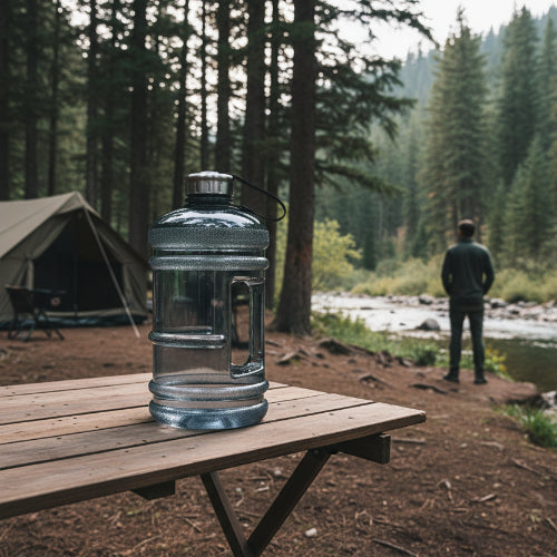 Gourde plastique 2L sur table dans camping
