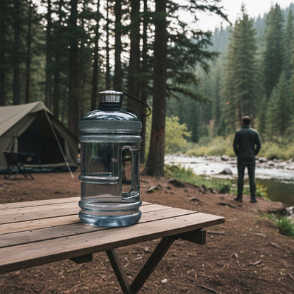 Gourde plastique 2L sur table dans camping