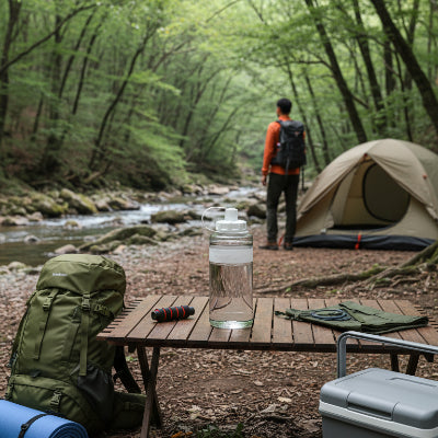 Gourde plastique 2L sur table dans un site de randonnée forestier