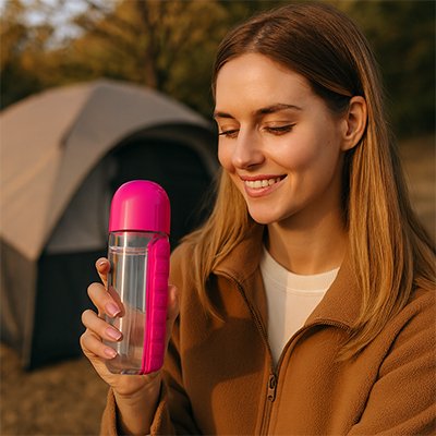 Gourde plastique avec pilulier pour le camping