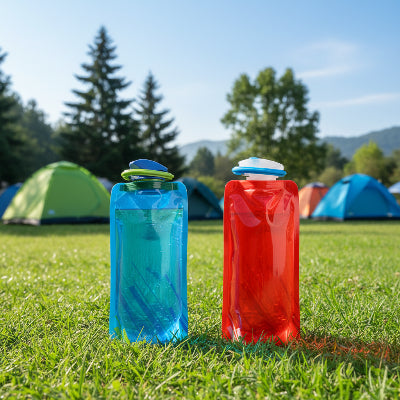 Gourde plastique flexible rouge et bleu sur gazon