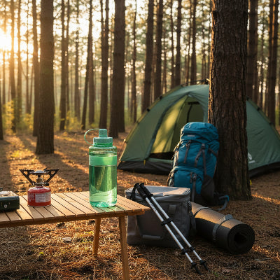 Gourde plastique vert 2L dans un camping forestier avec équipement