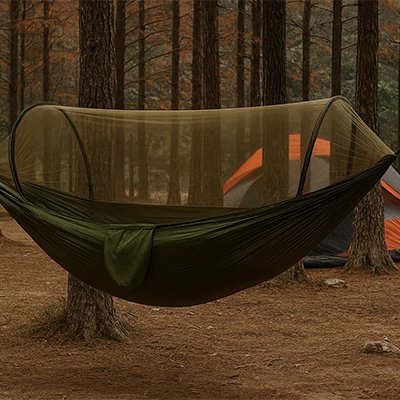 Hamac suspendu avec moustiquaire dans un camping