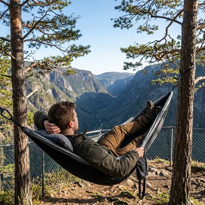Homme admire le paysage dans son Hamac suspendu noir 