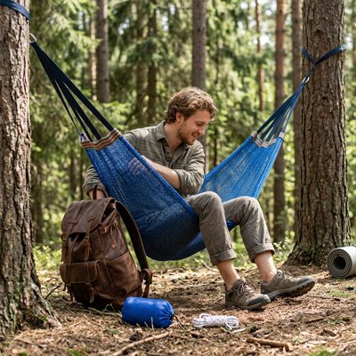 Homme assis dans Hamac suspendu Bleu 