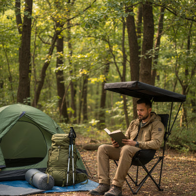 Homme assis sur chaise de camping et parasol avec livre