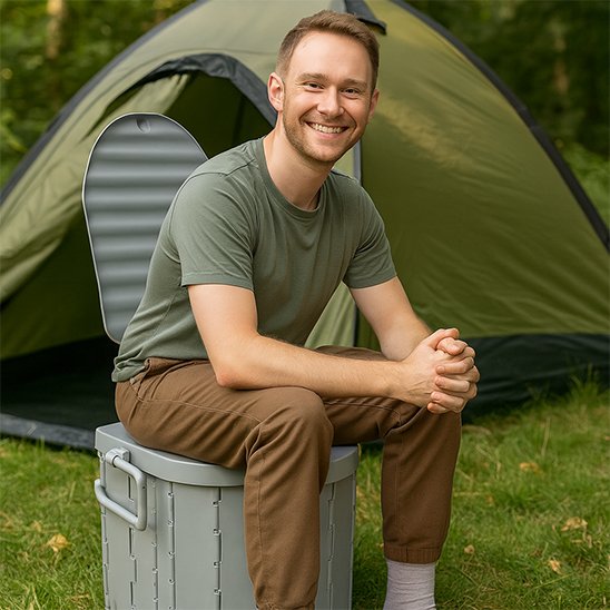 Homme assis sur Toilette portable