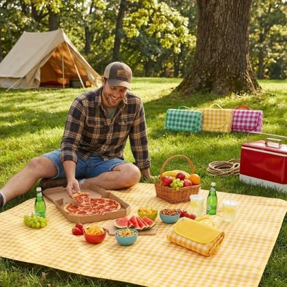 Homme assis Tapis de sol pour camping jaune dégustant sa pizza