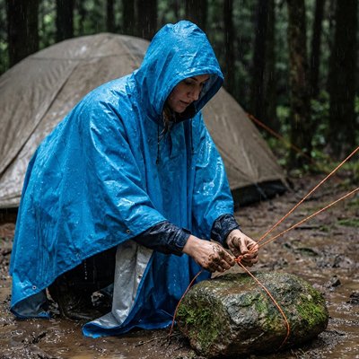 Homme attache corde avec Poncho pluie Bleu