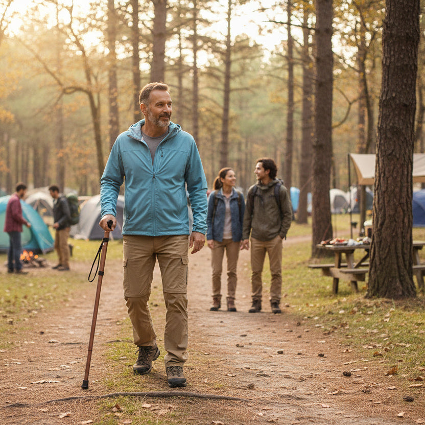 homme avec bâton de marche dans un camping