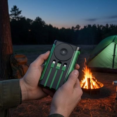 Homme avec Batterie externe solaire vert avec 3 port différent dans ses mains