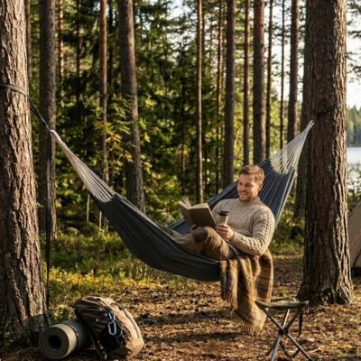 Homme avec café, livre et couverture dans Hamac suspendu noir