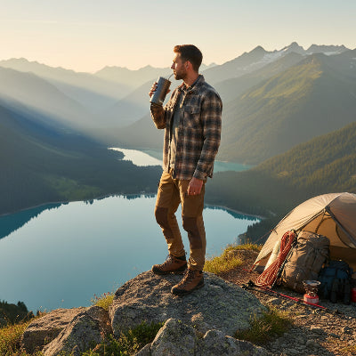 Homme avec gourde isotherme de 600 ml prenant son café est impressionné par la vue