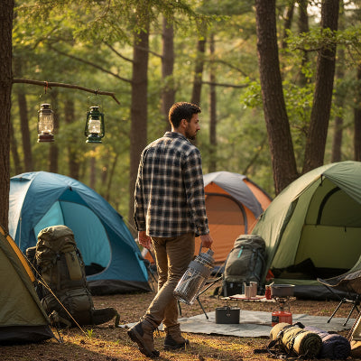 Homme avec gourde plastique 2L dans un camping