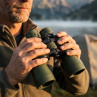 Homme avec Jumelles prèt a l'observation