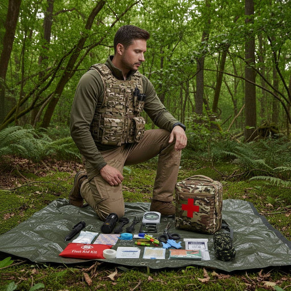 Homme avec kit de survie en forest