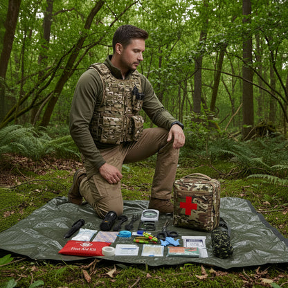 Homme avec kit de survie en forest