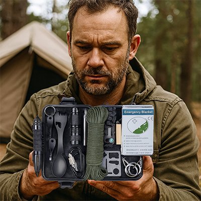Homme avec kit de survie excursion