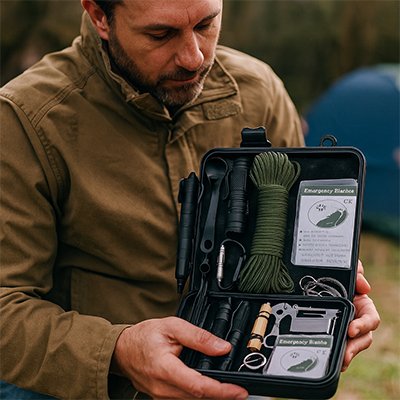 homme avec kit de survie explorateur