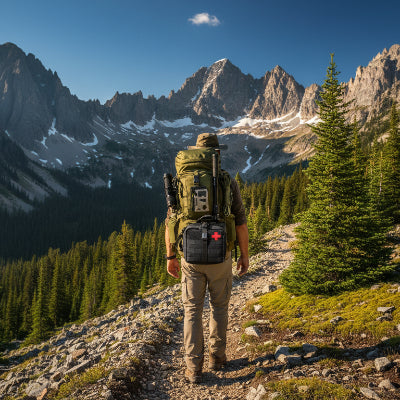 homme avec kit de survie portable sur sac a dos  dans un sentier