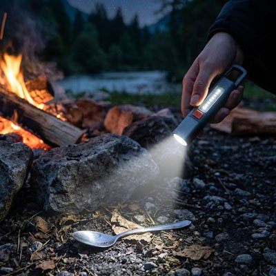 Homme avec Lampe de poche cherche cuillère