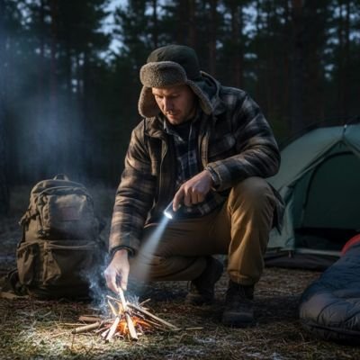 Homme avec Lampe de poche rechargeable allumant son feu
