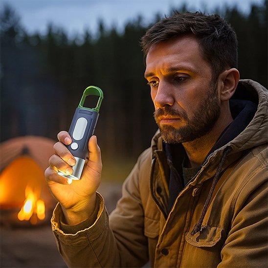 Homme avec Lampe de poche rechargeable​ dans sa main  