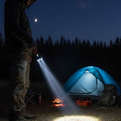 Homme avec Lampe de poche rechargeable montre son faiseau lumineux