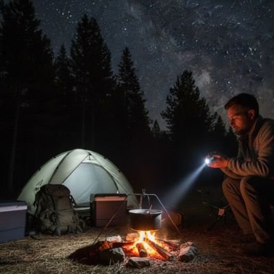 Homme avec Lampe de poche rechargeable regardant son repas cuire