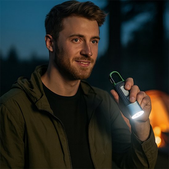 Homme avec Lampe de poche rechargeable se dirigeant le soir​ 