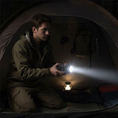 Homme avec Lampe de poche regarde autour de sa tente