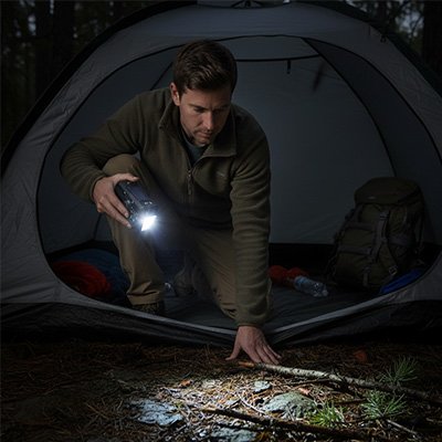 Homme avec Lampe de poche sortant de sa tente
