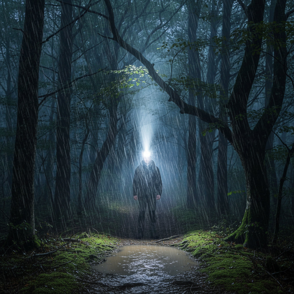 homme avec lampe frontale allume sa lampe frontale dans un sentier boisée