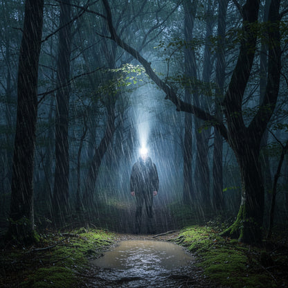 homme avec lampe frontale allume sa lampe frontale dans un sentier boisée