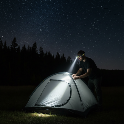 homme avec lampe frontale installant son campement le soir